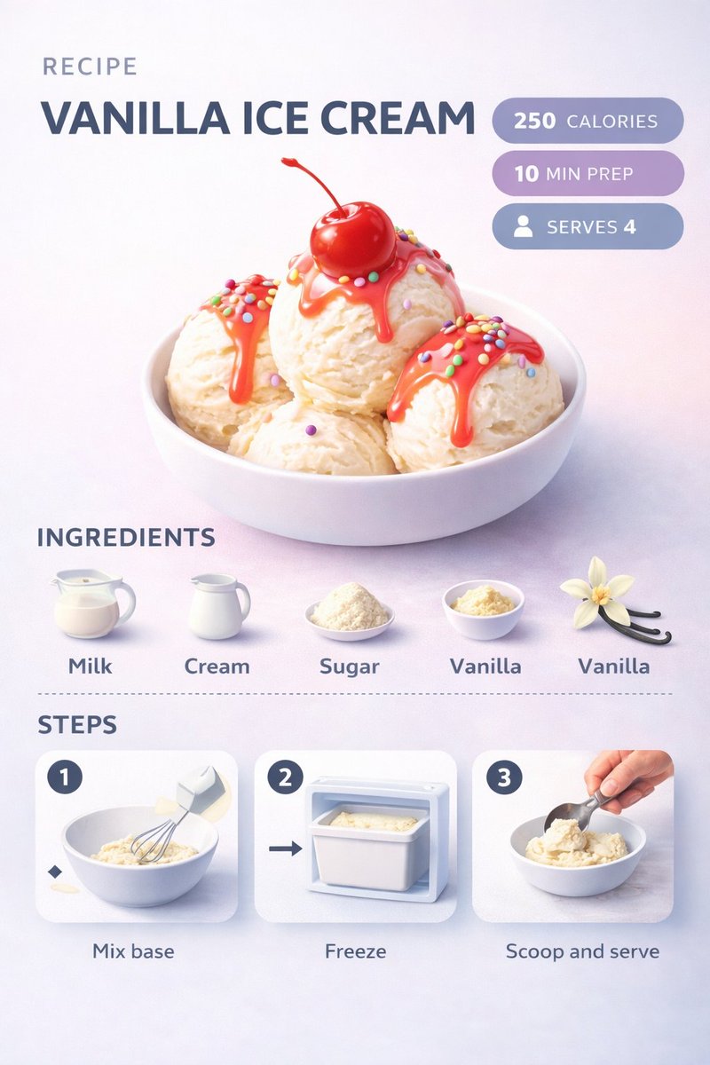 Ultra clean modern recipe infographic. Showcase Vanilla Ice C...