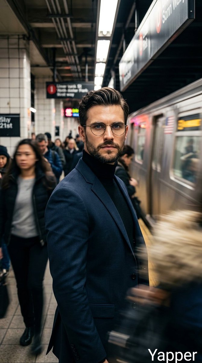 Cinematic portrait of a stylish man standing on a busy subway...