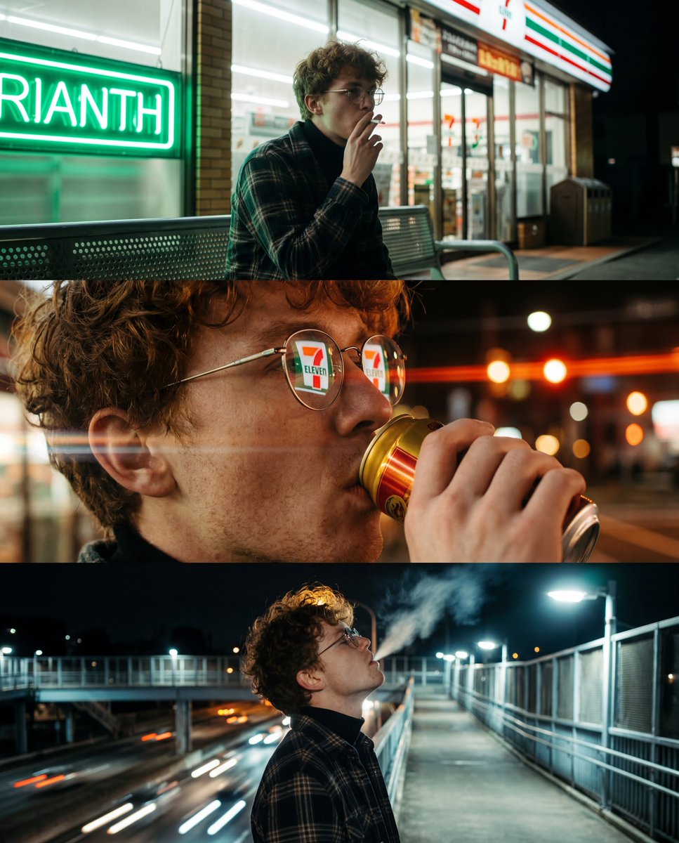 A vertical triptych of three cinematic, night time urban phot...