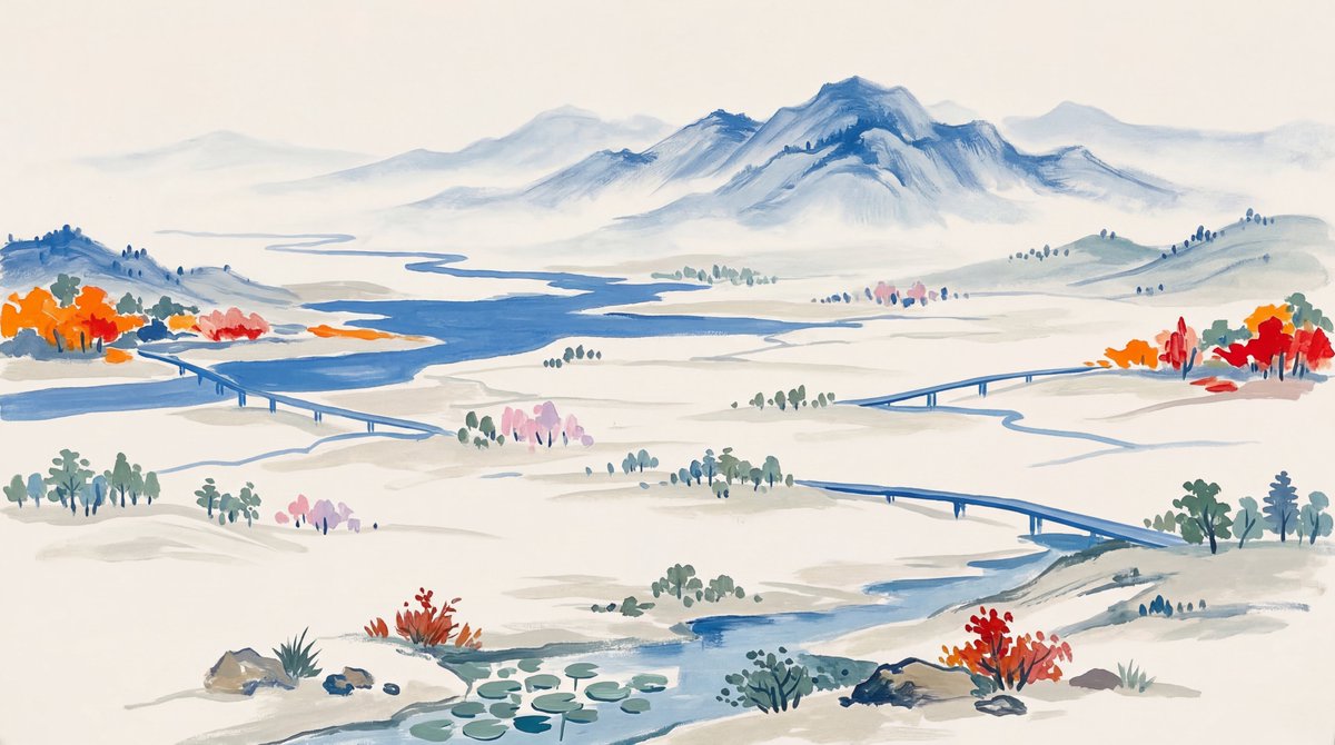 使用以 f6f4f0 为主背景, 2d6dc3 为主蓝色,同时也包含一些橙色元素,制作了一张山水远景风景画。