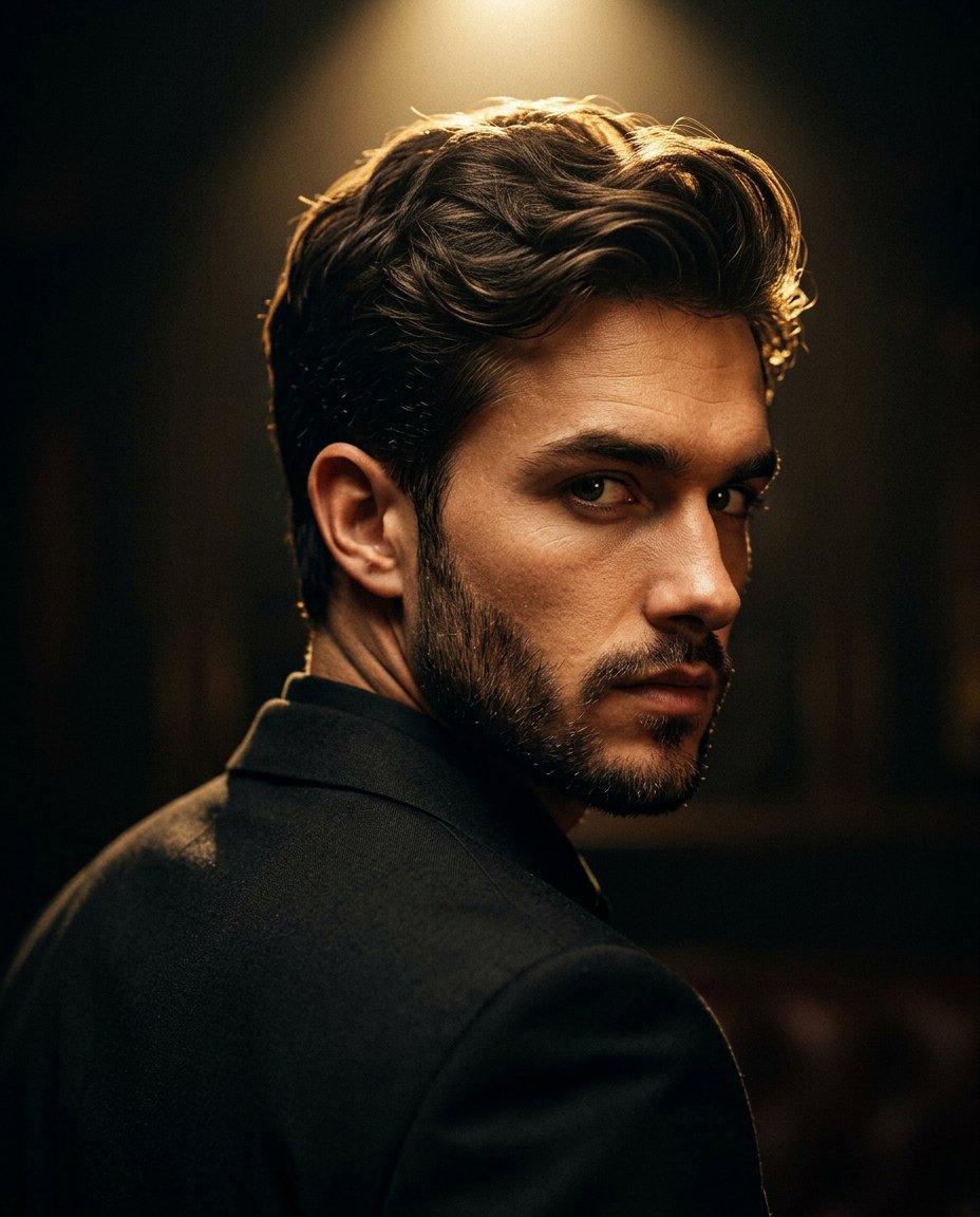 Ultra realistic cinematic portrait of a stylish man in a blac...