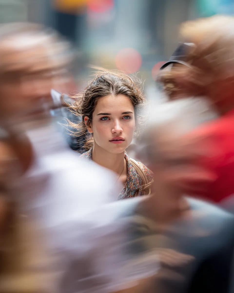 Model looking at camera, close up of face, busy New York stre...