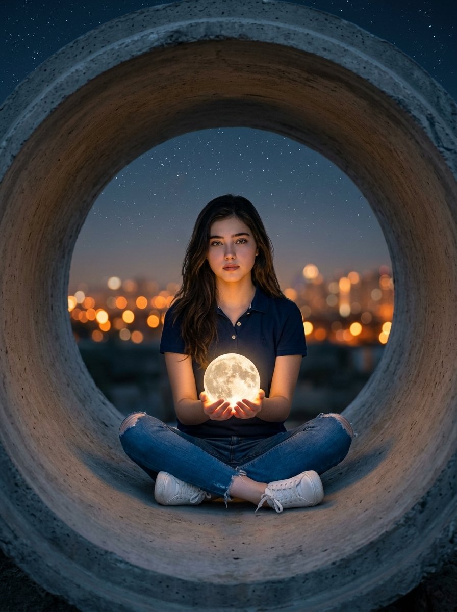 Hyper realistic surreal photography of a woman sitting inside...