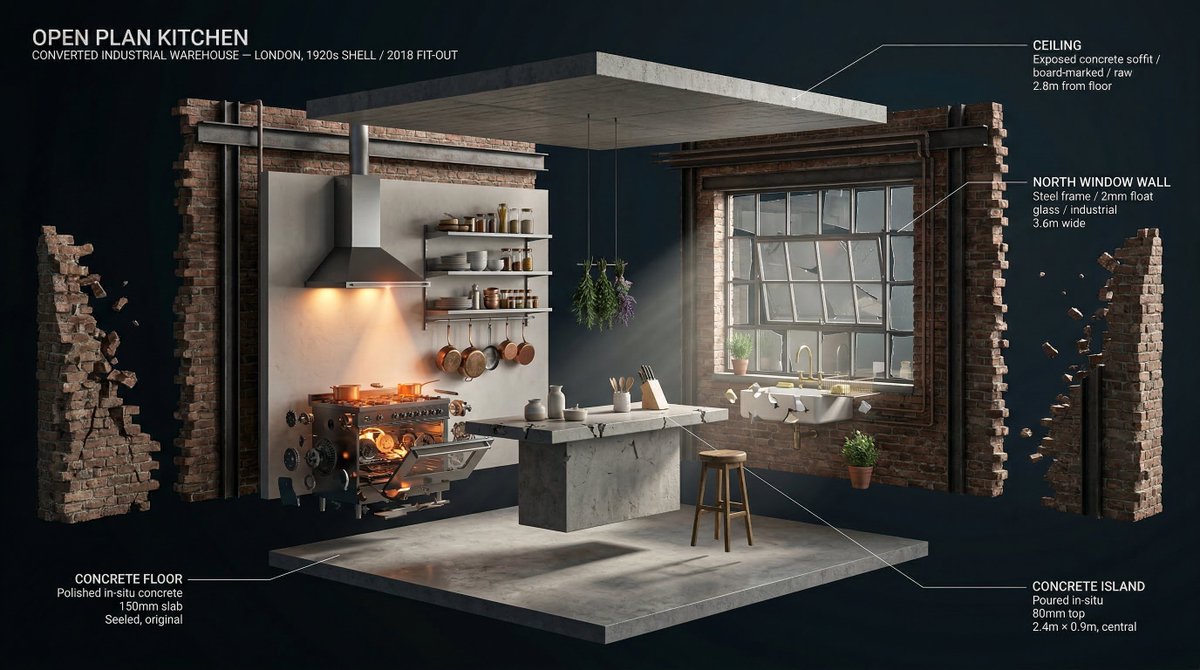 [ROOM TYPE] pulled apart in 3D, every surface and object floa...