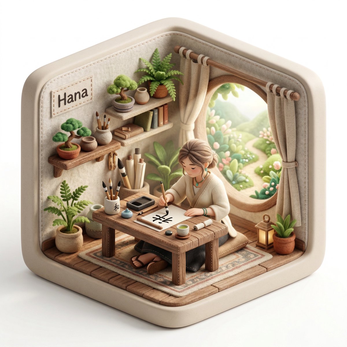 Create a 3D isometric diorama illustration of an original cha...