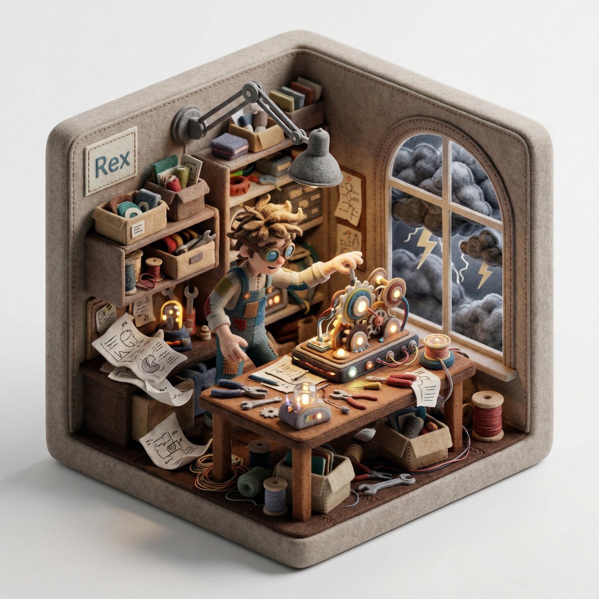 Create a 3D isometric diorama illustration of an original cha...