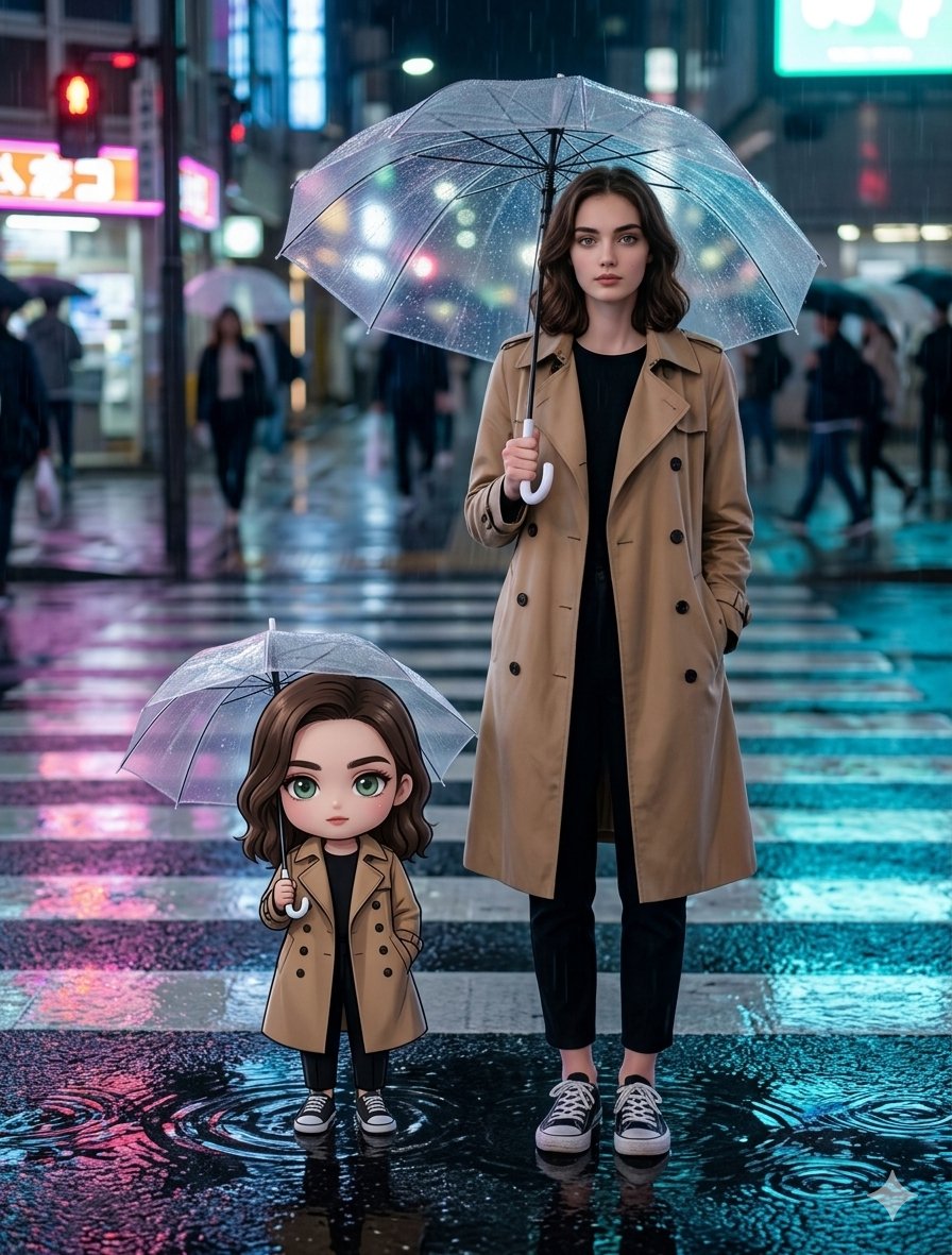 雨夜真人+Q版同框拍法