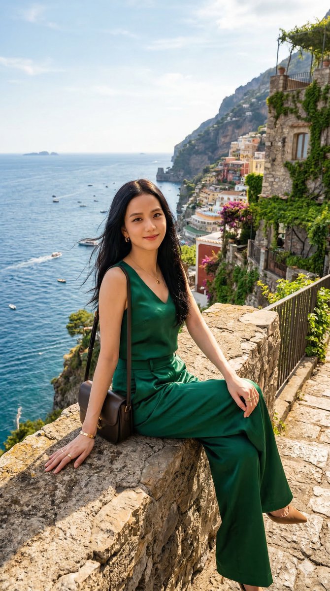 Photorealistic full body shot of BLACKPINK Rosé sitting sidew...