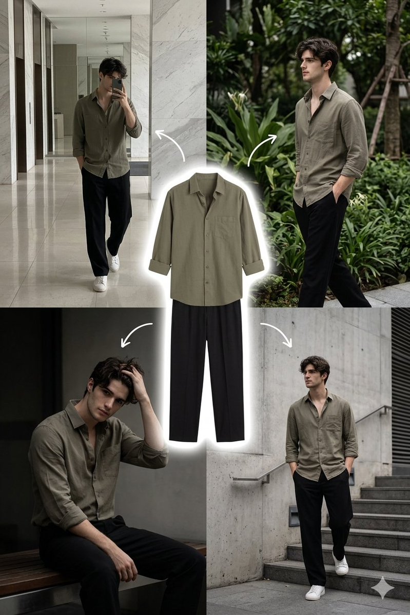 A stylish young man with medium length wavy dark hair and a c...