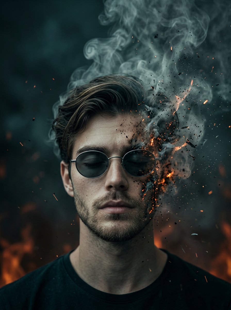 A surreal cinematic portrait of a young man with oval sunglas...