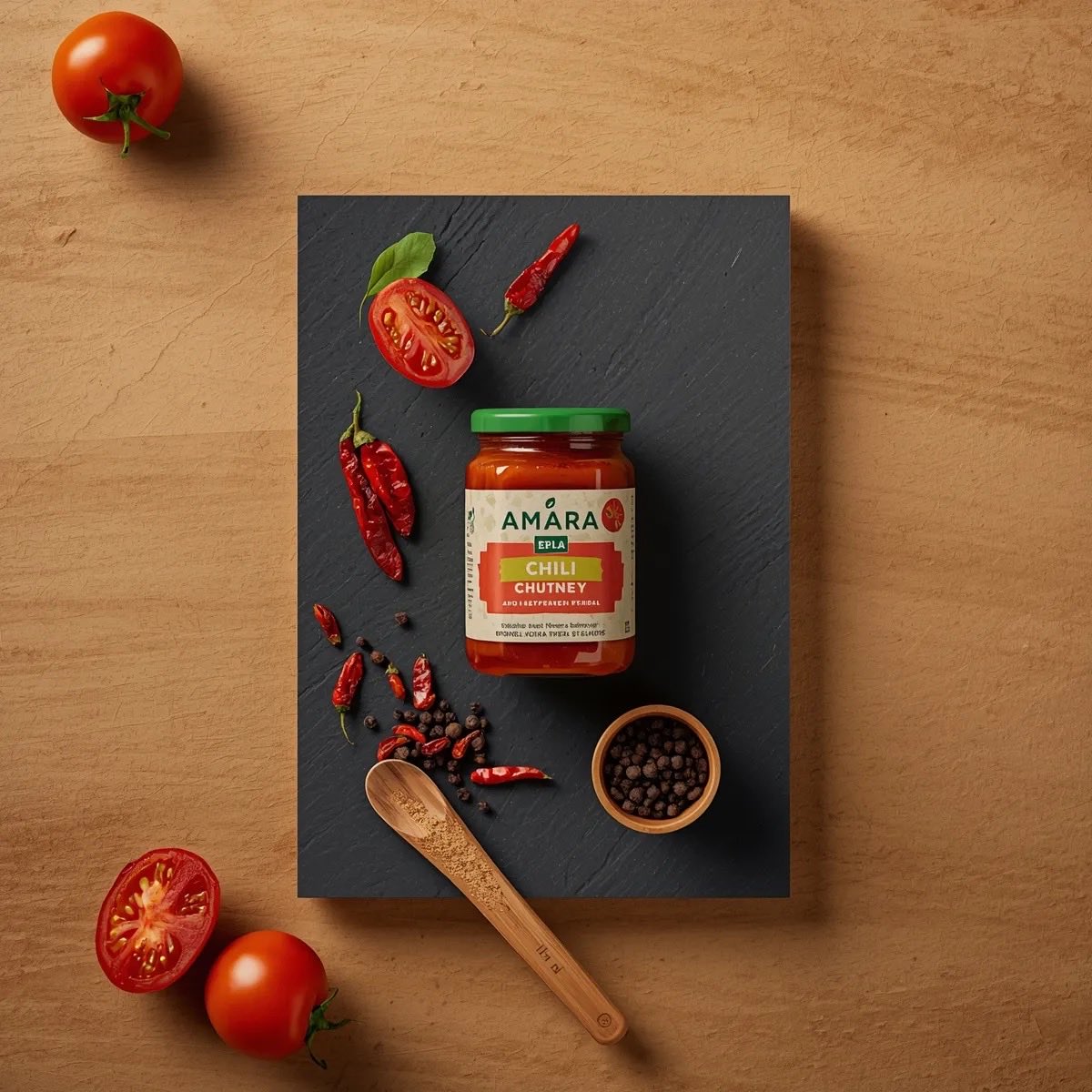 Top down premium food photography of a glass jar of chili tom...