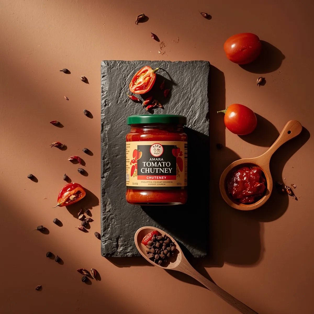 Top down premium food photography of a glass jar of chili tom...