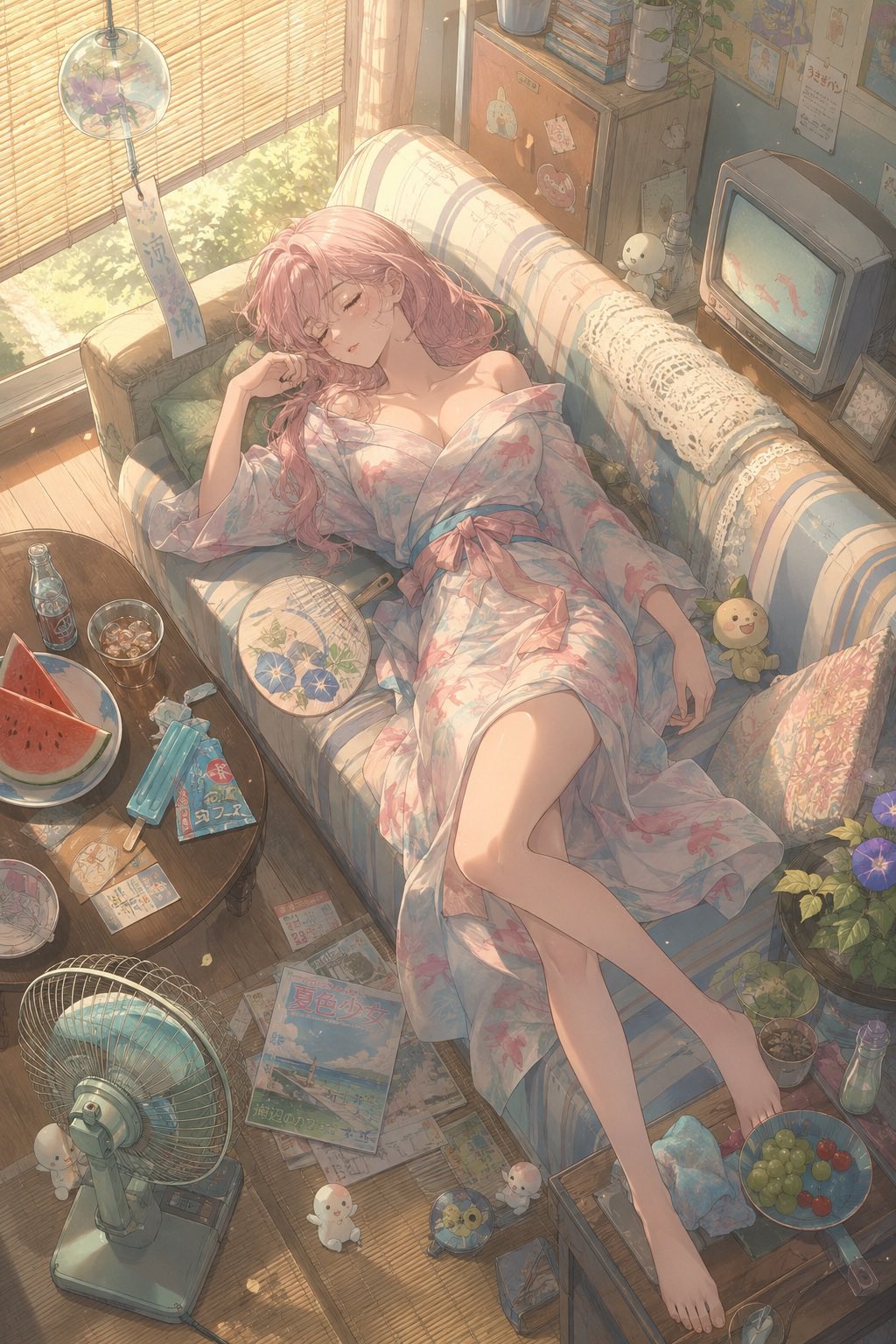 昭和夏日和室午睡二次元插画