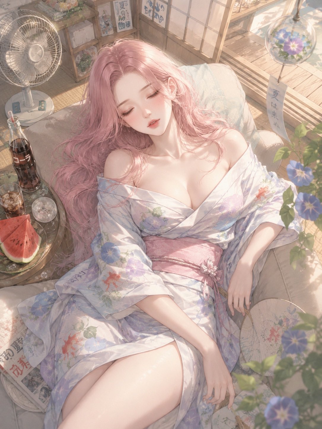 昭和夏日和室午睡二次元插画