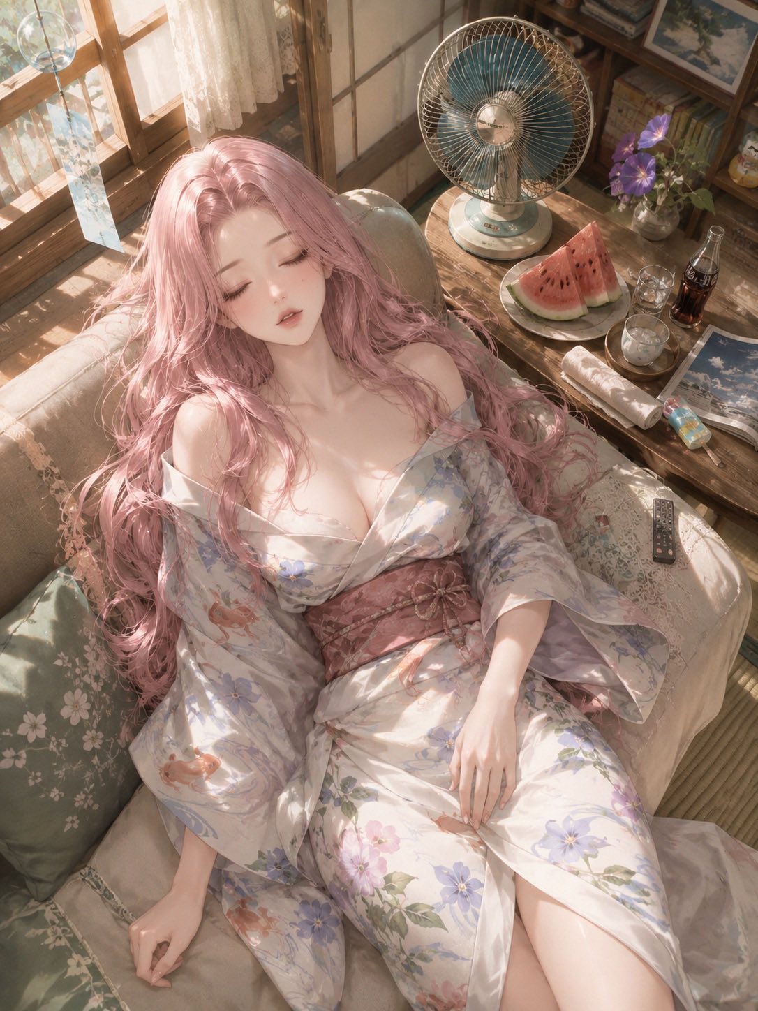 昭和夏日和室午睡二次元插画