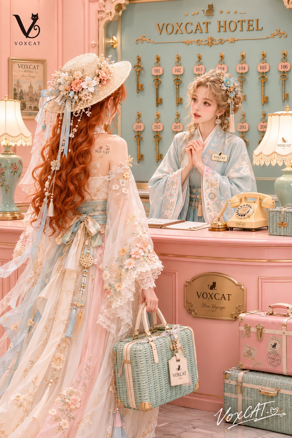 粉彩复古旅店前台的汉服风 editorial 海报
