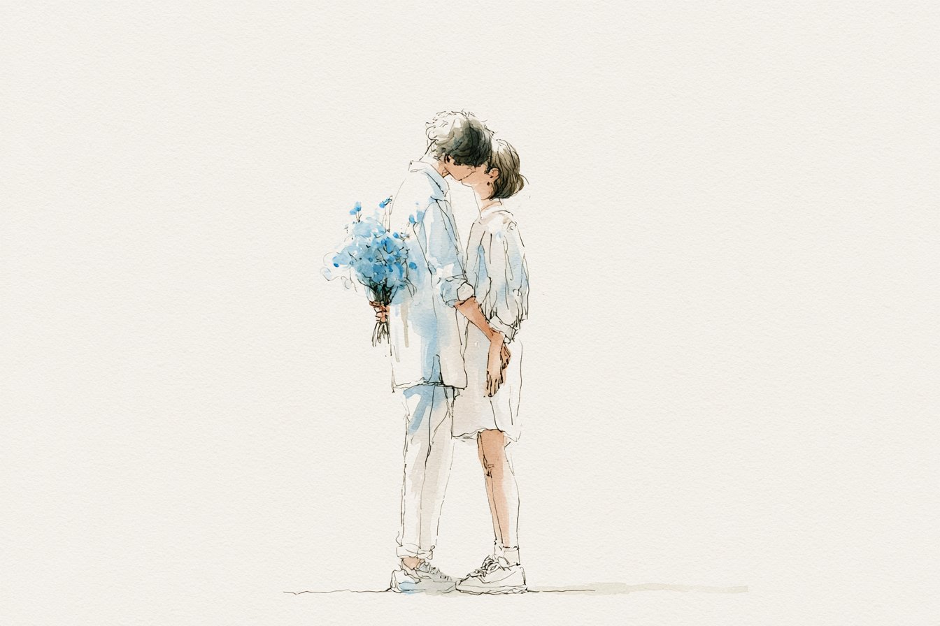 韩系淡彩浪漫水彩线稿插画提示词