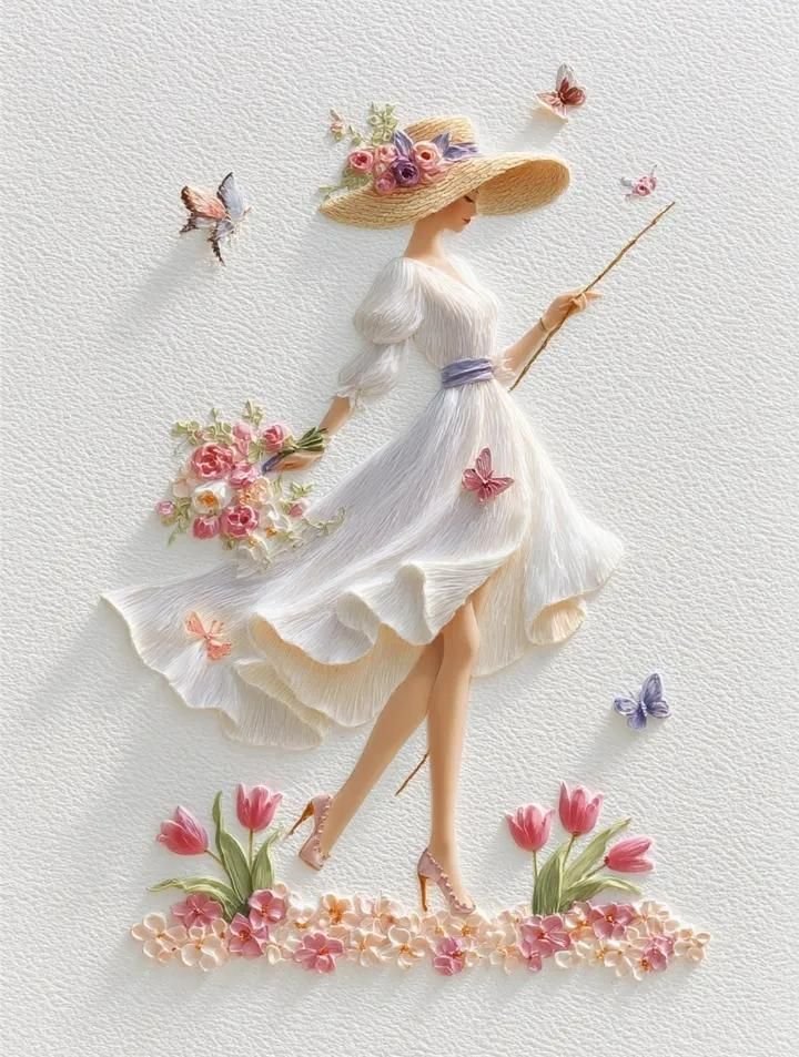 手工纸艺女性花卉插画提示词合集
