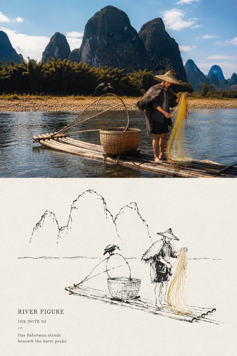极简墨线风景小笺：旅行照片对比海报