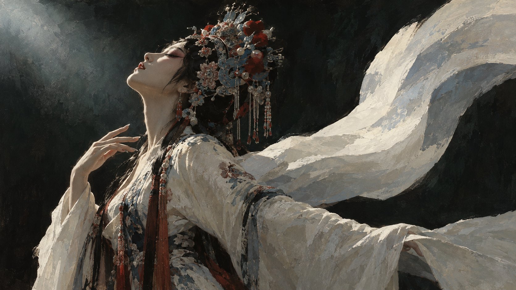 东方戏曲人物水袖绘画：一袖起，满台风月