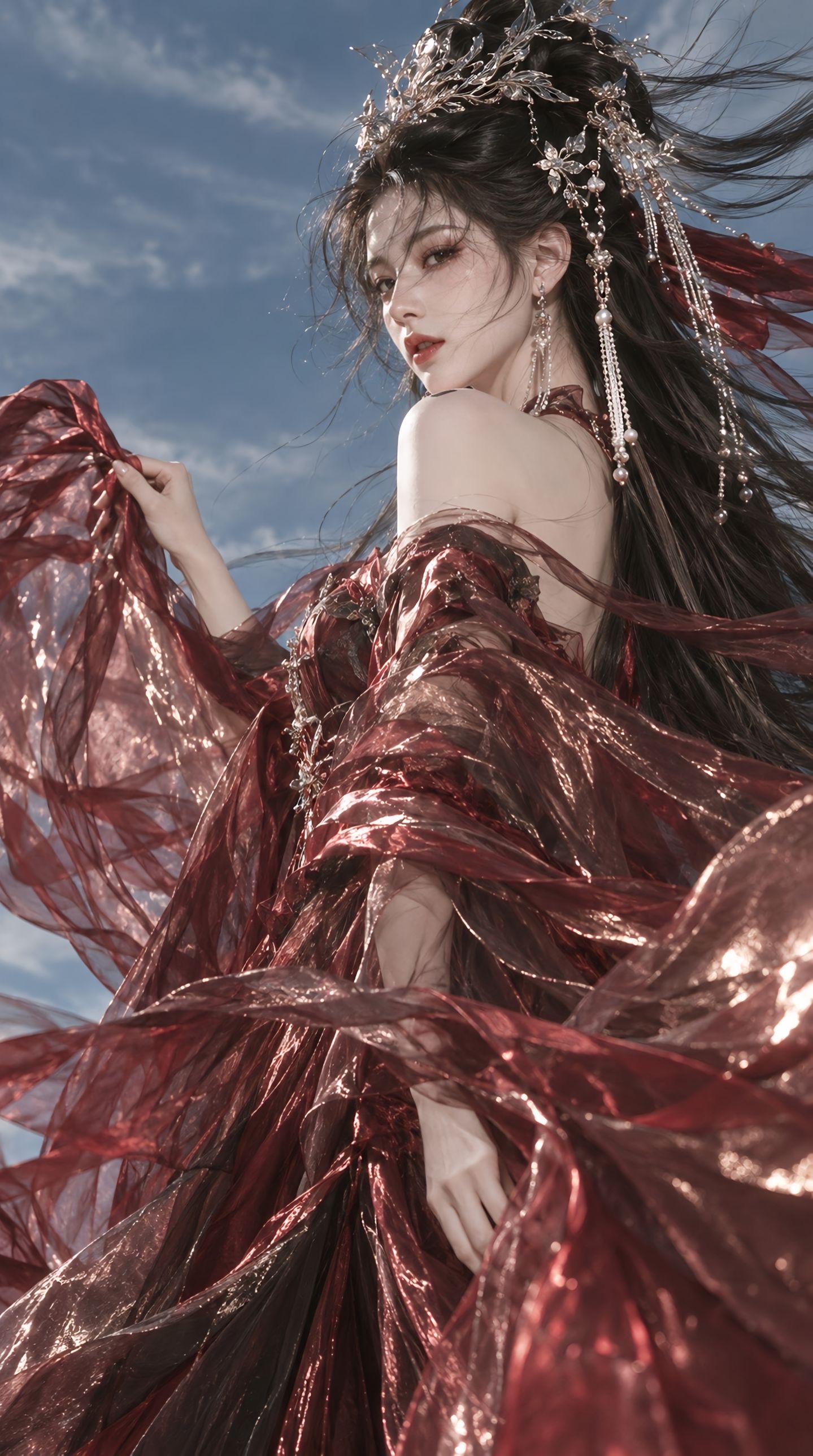 蓝天背景下的珍珠白流光纱东方幻想神女写真