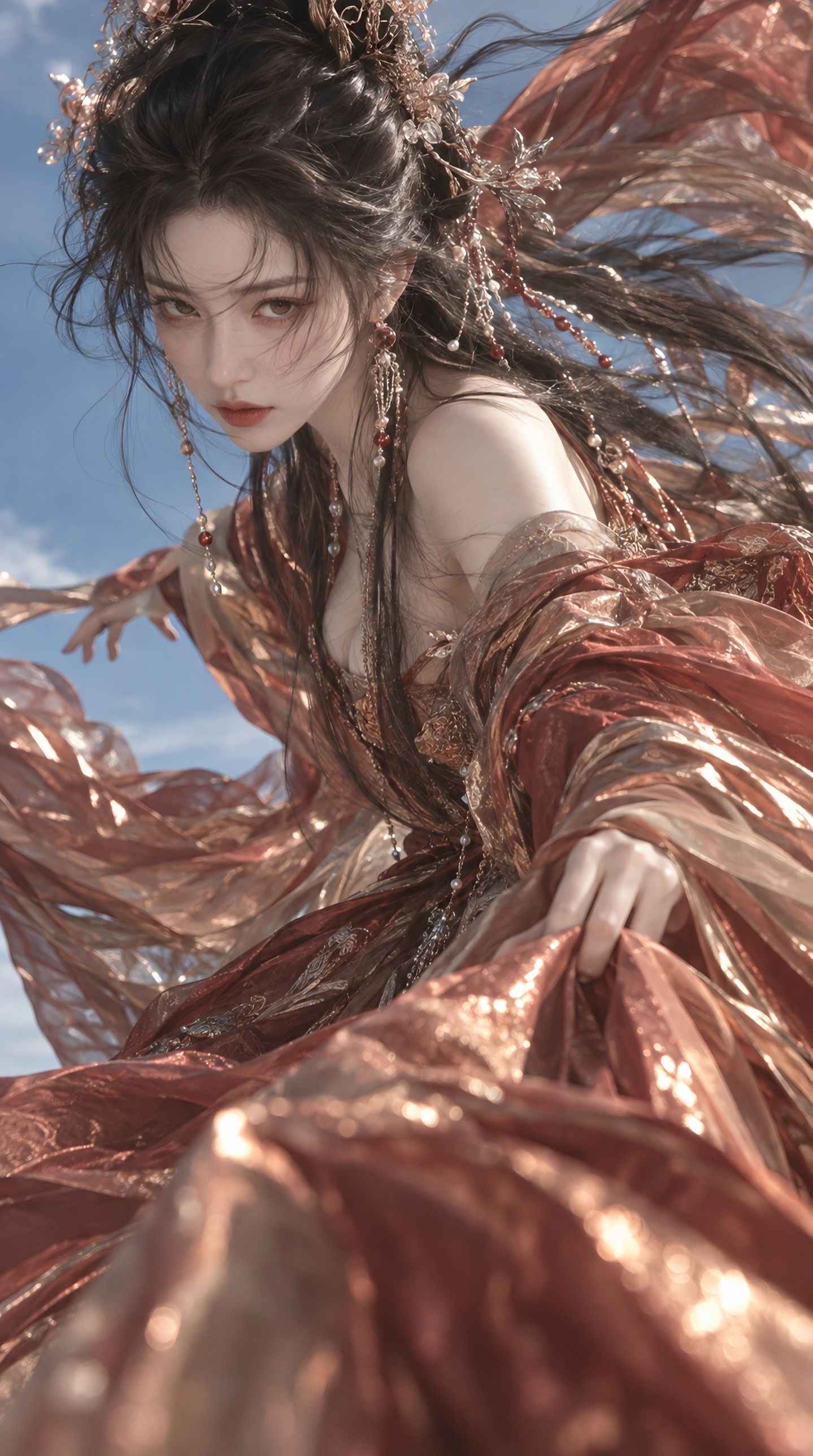 蓝天背景下的珍珠白流光纱东方幻想神女写真