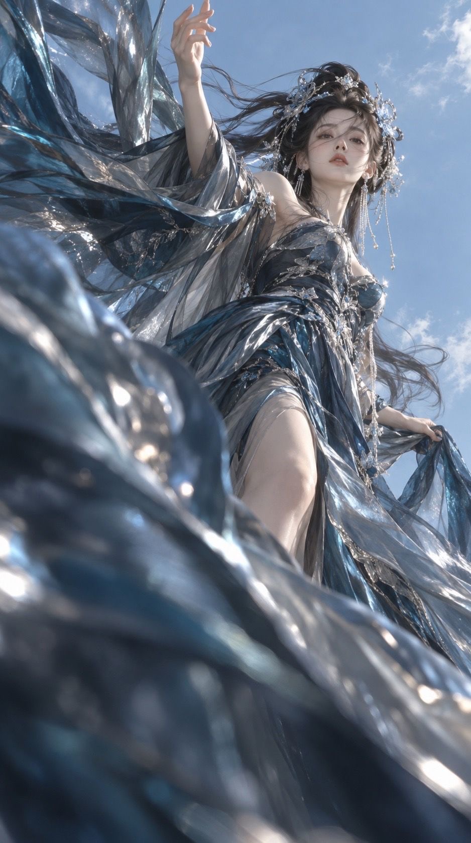 蓝天背景下的珍珠白流光纱东方幻想神女写真